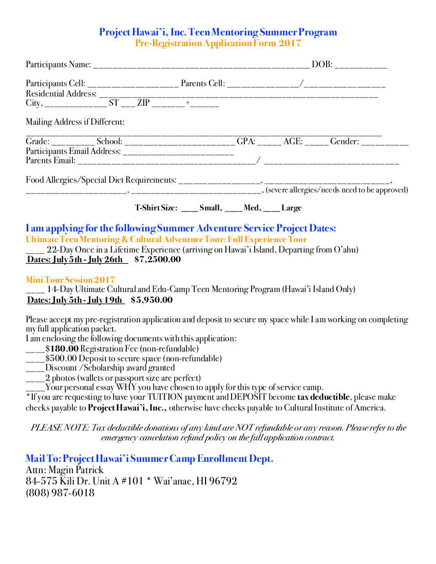 Hawaii Teen Summer Camp Pre-Registration